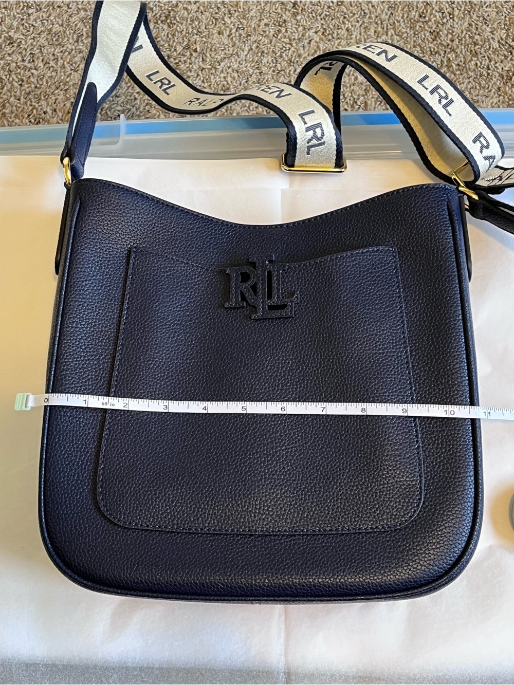 NWOT Lauren Ralph Lauren Pebble Leather Crossbody Bag Navy Gold Hardware - Picture 9 of 14